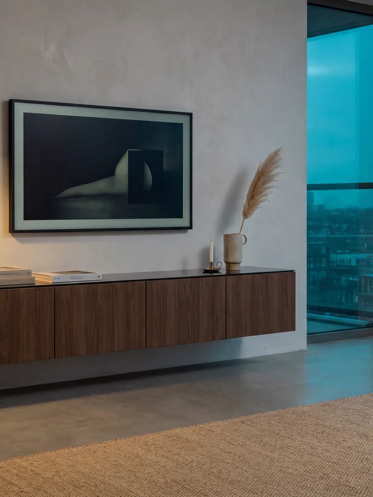 Zwevende BESTÅ wandcombinatie met kabels door de muur weggewerkt